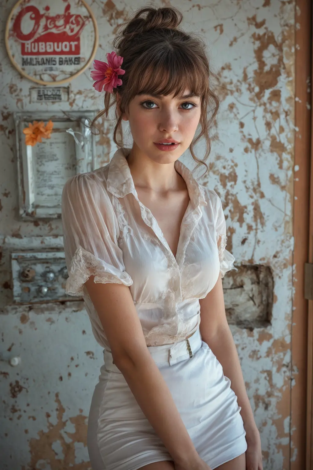 1970s Costumes. Beautiful woman, red lips in 1970s cafeteria, miniskirt outfit