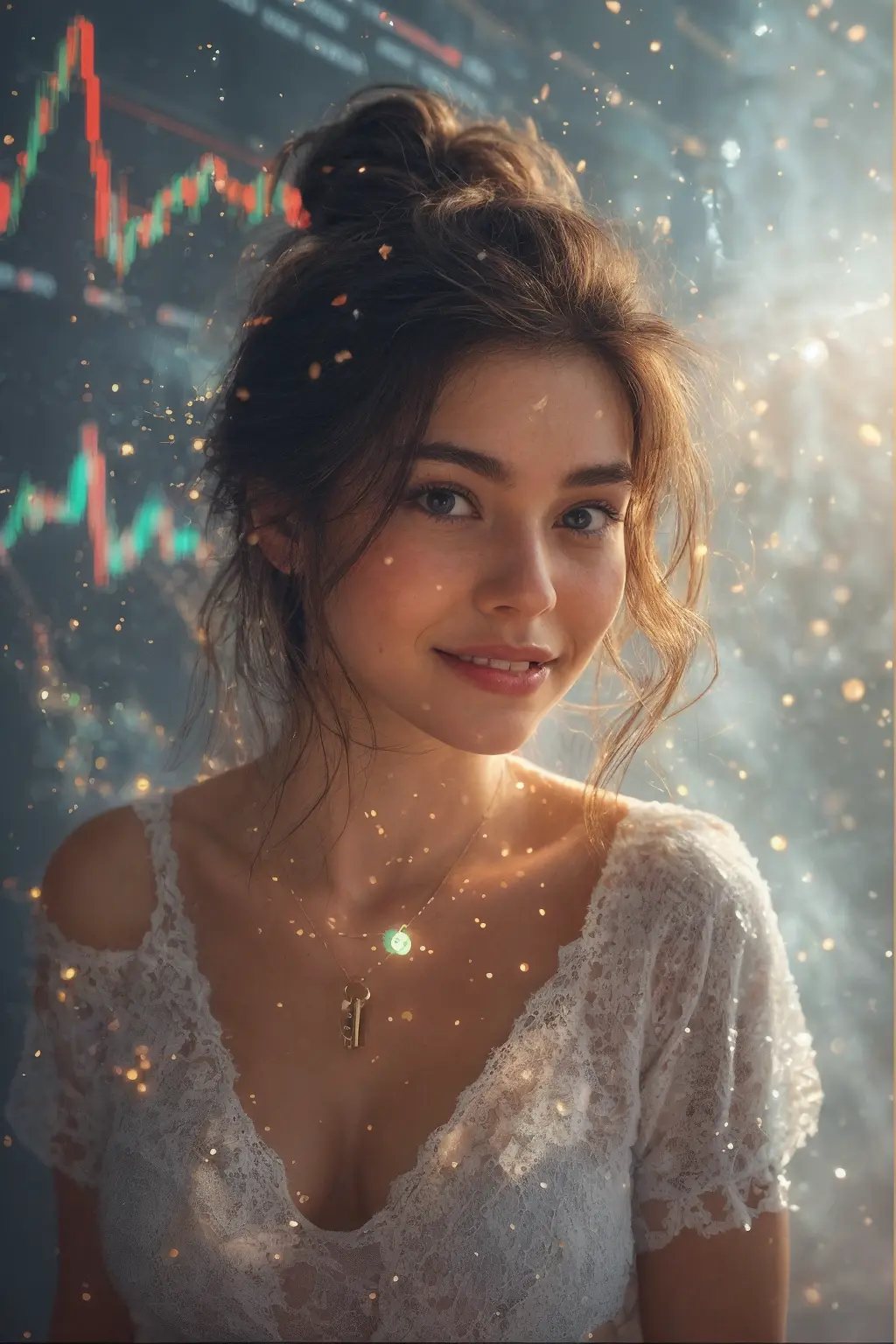 A beautiful, sexy, confident woman with a warm, knowing smile, with a 'key' or a glowing, abstract crypto symbols gently floating around of her, as if she's found the solution to the market's 'fear.' Beautiful face, big eyes, white skin. She's surrounded by a subtle, almost hazy background of digital charts and graphs that are mostly in dark tones, but with a growing, soft light emanating from behind her, hinting at a coming dawn. Her hair is slightly disheveled, as if she just woke up to this amazing discovery. Her clothing is chic and comfortable, hinting at a casual elegance, crop top, mini-skirt. Her eyes are playful and inviting, conveying a sense of secret knowledge. Style: Cinematic, soft focus, dreamlike, digital painting with hints of realism
