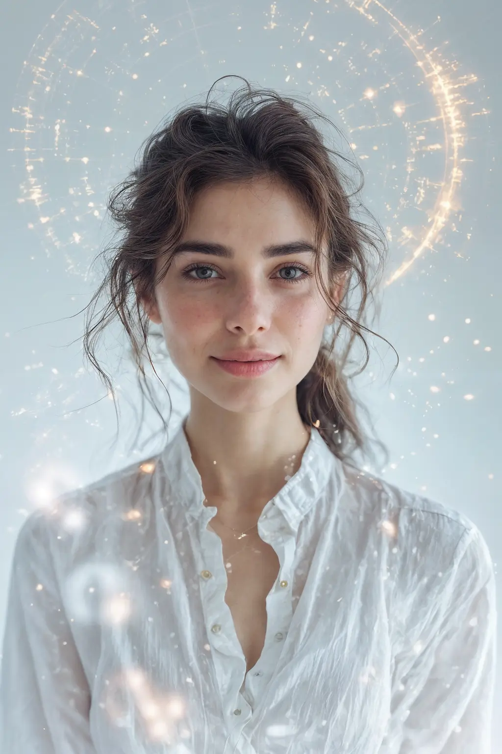 Black Friday Crypto. A beautiful, sexy, confident woman with a warm, knowing smile, with a 'key' or a glowing, abstract crypto symbols gently floating around of her, as if she's found the solution to the market's 'fear.' Beautiful face, big eyes, white skin. She's surrounded by a subtle, almost hazy background of digital charts and graphs that are mostly in dark tones, but with a growing, soft light emanating from behind her, hinting at a coming dawn. Her hair is slightly disheveled, as if she just woke up to this amazing discovery. Her clothing is chic and comfortable, hinting at a casual elegance, crop top, mini-skirt. Her eyes are playful and inviting, conveying a sense of secret knowledge. Style: Cinematic, soft focus, dreamlike, digital painting with hints of realism.