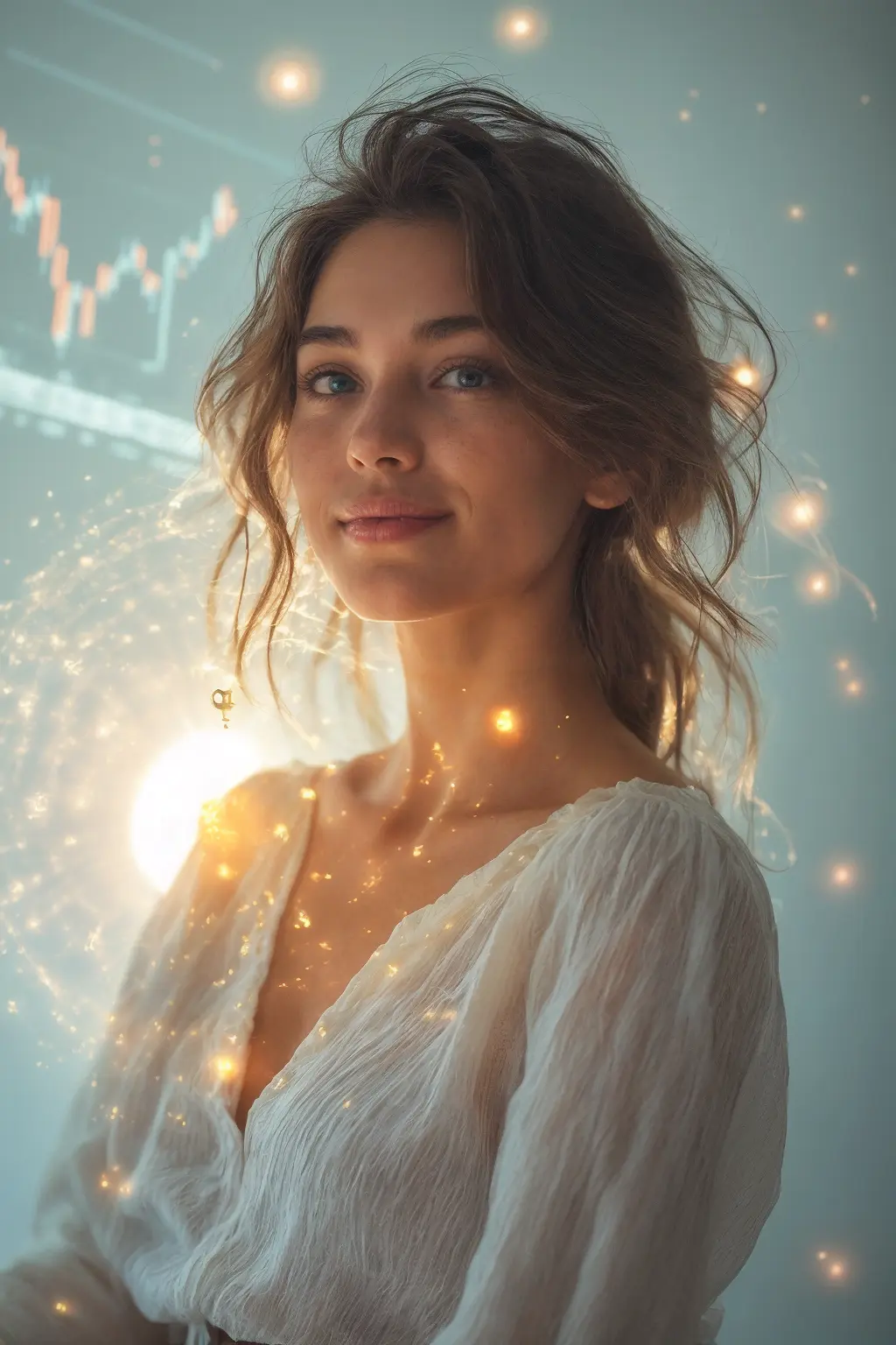 Black Friday Crypto. A beautiful, sexy, confident woman with a warm, knowing smile, with a 'key' or a glowing, abstract crypto symbols gently floating around of her, as if she's found the solution to the market's 'fear.' Beautiful face, big eyes, white skin. She's surrounded by a subtle, almost hazy background of digital charts and graphs that are mostly in dark tones, but with a growing, soft light emanating from behind her, hinting at a coming dawn. Her hair is slightly disheveled, as if she just woke up to this amazing discovery. Her clothing is chic and comfortable, hinting at a casual elegance, crop top, mini-skirt. Her eyes are playful and inviting, conveying a sense of secret knowledge. Style: Cinematic, soft focus, dreamlike, digital painting with hints of realism.