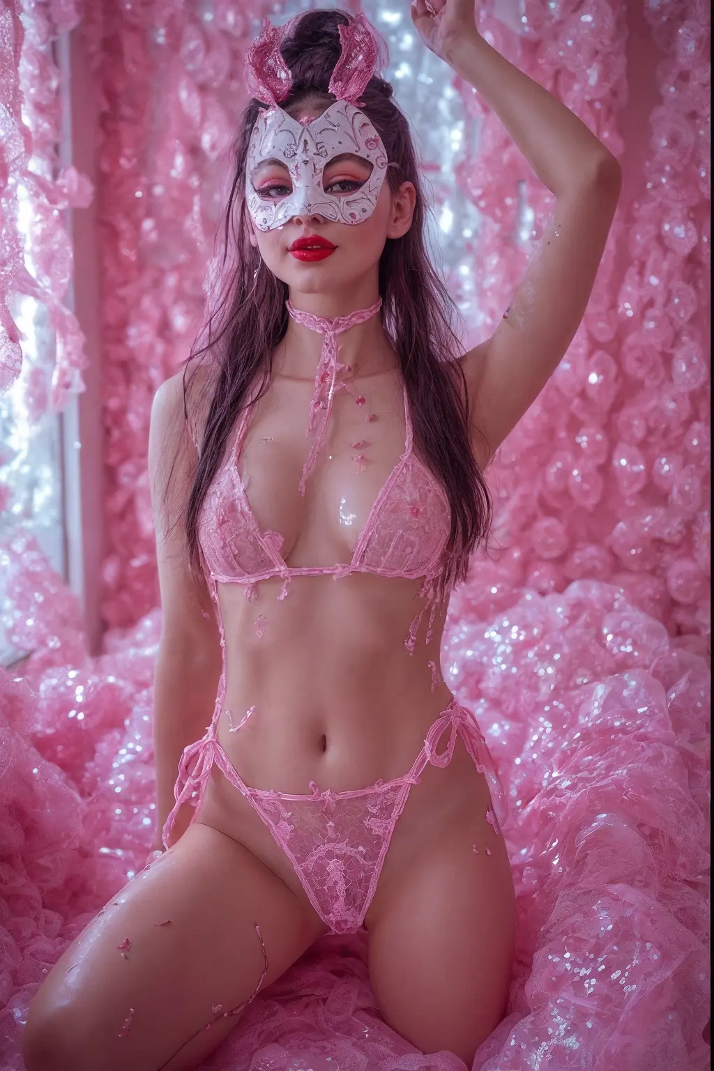 Masquerade 04 Beautiful model wearing a fantasy mask. Big eyes, red lips, smiling.