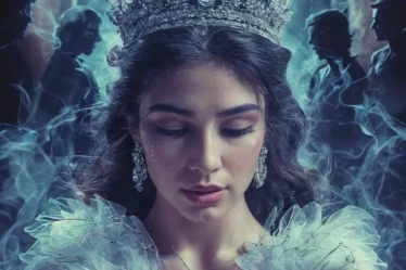 A powerful and dramatic illustration capturing the essence of the Miss Universe 2025 scandal. The central focus is a beautiful, melancholic woman, adorned in a glittering Miss Universe crown that is visibly tarnished with grime, cracks, and subtle tendrils of dark smoke rising from it. Her eyes hold a deep sadness and disappointment, reflecting a loss of innocence or betrayal, perhaps with a single tear tracing down her cheek. Behind her, subtly integrated into the background but unmistakably present, are shadowy, almost ghostly figures. These figures represent the unseen forces of corruption, political influence, and possibly even the subtle, menacing silhouette of organized crime. They should be vaguely menacing, observing her from the shadows, their forms almost merging with a dark, opulent, yet decaying architectural backdrop (like a grand hall or a stage that is falling apart). Dominant colors should be dark, rich tones – deep purples, blues, and blacks – contrasted with the artificial sparkle of the crown and gown, emphasizing the stark contrast between manufactured glamour and underlying darkness. A subtle, almost imperceptible detail could be a map outline of Mexico or symbols of its flag, subtly integrated into the background or the smoke, tying the context directly to the country without being overly literal. The overall mood is one of tragic beauty, revealing the harsh reality behind a fractured dream. It should convey a sense of 'all that glitters is not gold' and the weighty cost of systemic corruption on public symbols.