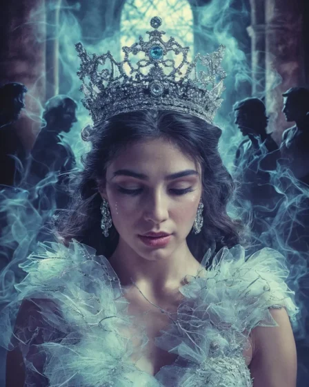 A powerful and dramatic illustration capturing the essence of the Miss Universe 2025 scandal. The central focus is a beautiful, melancholic woman, adorned in a glittering Miss Universe crown that is visibly tarnished with grime, cracks, and subtle tendrils of dark smoke rising from it. Her eyes hold a deep sadness and disappointment, reflecting a loss of innocence or betrayal, perhaps with a single tear tracing down her cheek. Behind her, subtly integrated into the background but unmistakably present, are shadowy, almost ghostly figures. These figures represent the unseen forces of corruption, political influence, and possibly even the subtle, menacing silhouette of organized crime. They should be vaguely menacing, observing her from the shadows, their forms almost merging with a dark, opulent, yet decaying architectural backdrop (like a grand hall or a stage that is falling apart). Dominant colors should be dark, rich tones – deep purples, blues, and blacks – contrasted with the artificial sparkle of the crown and gown, emphasizing the stark contrast between manufactured glamour and underlying darkness. A subtle, almost imperceptible detail could be a map outline of Mexico or symbols of its flag, subtly integrated into the background or the smoke, tying the context directly to the country without being overly literal. The overall mood is one of tragic beauty, revealing the harsh reality behind a fractured dream. It should convey a sense of 'all that glitters is not gold' and the weighty cost of systemic corruption on public symbols.