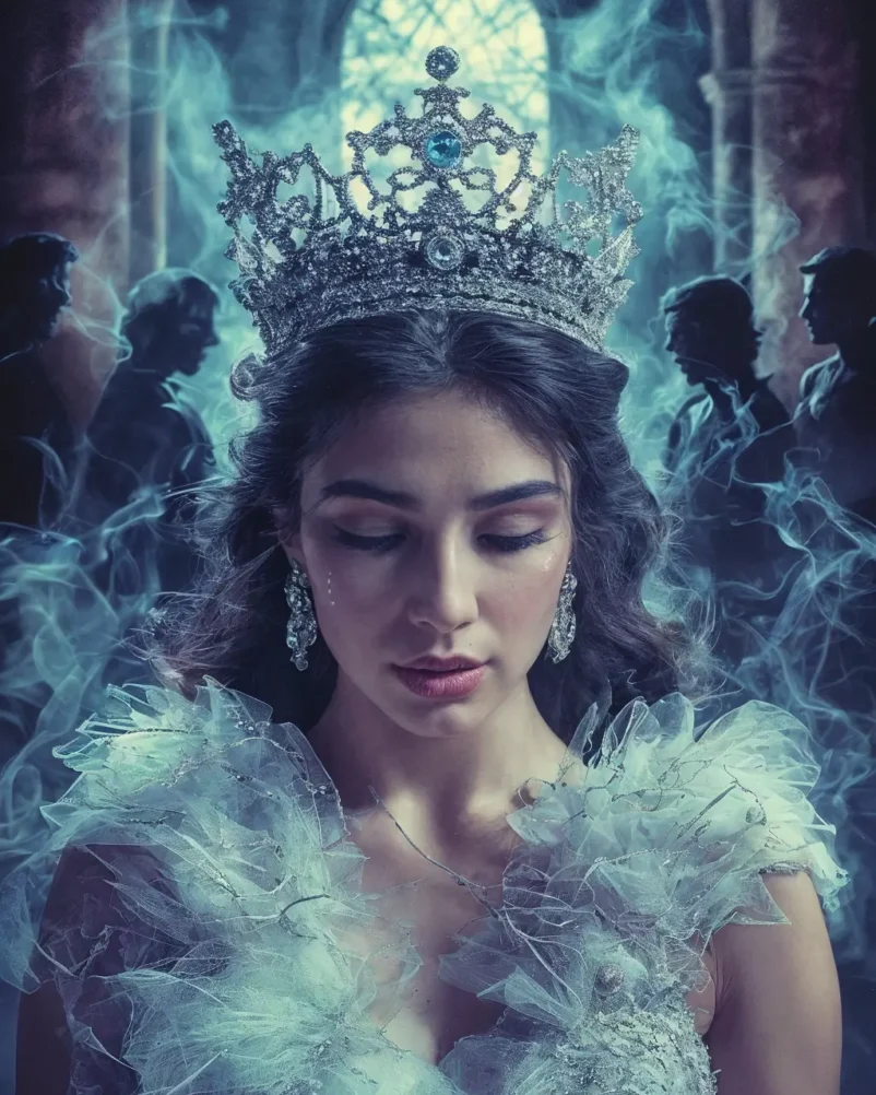 A powerful and dramatic illustration capturing the essence of the Miss Universe 2025 scandal. The central focus is a beautiful, melancholic woman, adorned in a glittering Miss Universe crown that is visibly tarnished with grime, cracks, and subtle tendrils of dark smoke rising from it. Her eyes hold a deep sadness and disappointment, reflecting a loss of innocence or betrayal, perhaps with a single tear tracing down her cheek. Behind her, subtly integrated into the background but unmistakably present, are shadowy, almost ghostly figures. These figures represent the unseen forces of corruption, political influence, and possibly even the subtle, menacing silhouette of organized crime. They should be vaguely menacing, observing her from the shadows, their forms almost merging with a dark, opulent, yet decaying architectural backdrop (like a grand hall or a stage that is falling apart). Dominant colors should be dark, rich tones – deep purples, blues, and blacks – contrasted with the artificial sparkle of the crown and gown, emphasizing the stark contrast between manufactured glamour and underlying darkness. A subtle, almost imperceptible detail could be a map outline of Mexico or symbols of its flag, subtly integrated into the background or the smoke, tying the context directly to the country without being overly literal. The overall mood is one of tragic beauty, revealing the harsh reality behind a fractured dream. It should convey a sense of 'all that glitters is not gold' and the weighty cost of systemic corruption on public symbols.