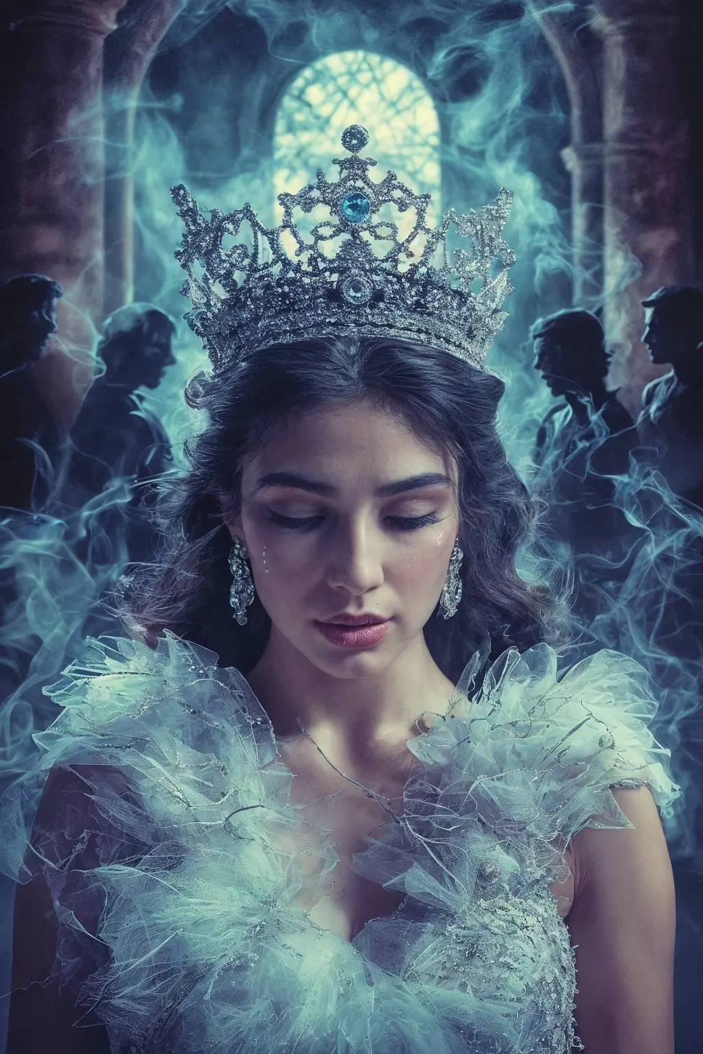 A powerful and dramatic illustration capturing the essence of the Miss Universe 2025 scandal. The central focus is a beautiful, melancholic woman, adorned in a glittering Miss Universe crown that is visibly tarnished with grime, cracks, and subtle tendrils of dark smoke rising from it. Her eyes hold a deep sadness and disappointment, reflecting a loss of innocence or betrayal, perhaps with a single tear tracing down her cheek. Behind her, subtly integrated into the background but unmistakably present, are shadowy, almost ghostly figures. These figures represent the unseen forces of corruption, political influence, and possibly even the subtle, menacing silhouette of organized crime. They should be vaguely menacing, observing her from the shadows, their forms almost merging with a dark, opulent, yet decaying architectural backdrop (like a grand hall or a stage that is falling apart). Dominant colors should be dark, rich tones – deep purples, blues, and blacks – contrasted with the artificial sparkle of the crown and gown, emphasizing the stark contrast between manufactured glamour and underlying darkness. A subtle, almost imperceptible detail could be a map outline of Mexico or symbols of its flag, subtly integrated into the background or the smoke, tying the context directly to the country without being overly literal. The overall mood is one of tragic beauty, revealing the harsh reality behind a fractured dream. It should convey a sense of 'all that glitters is not gold' and the weighty cost of systemic corruption on public symbols.