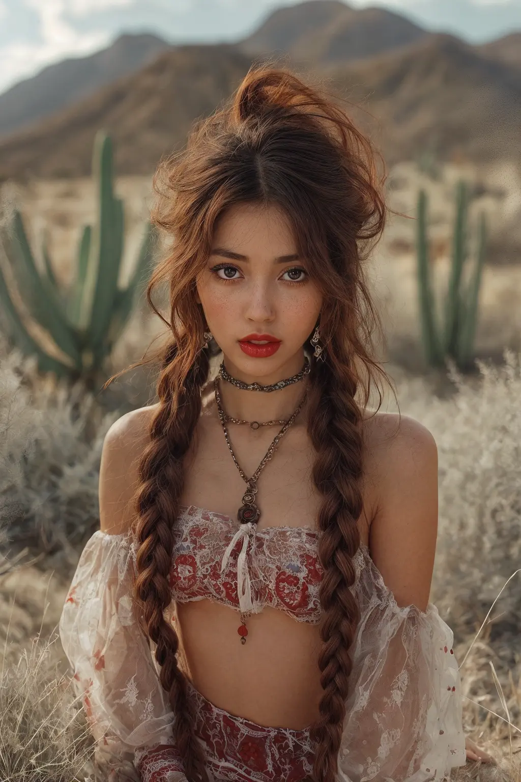 Mexican Revolution. Super beautiful cute young woman with big eyes, tender look, soft skin, very white skin, transparent clothes, sexy expression, smiling, big mouth, small nose, white theet, red lips, rubbor, gracely makeup, big eye lashes, perfect hands.