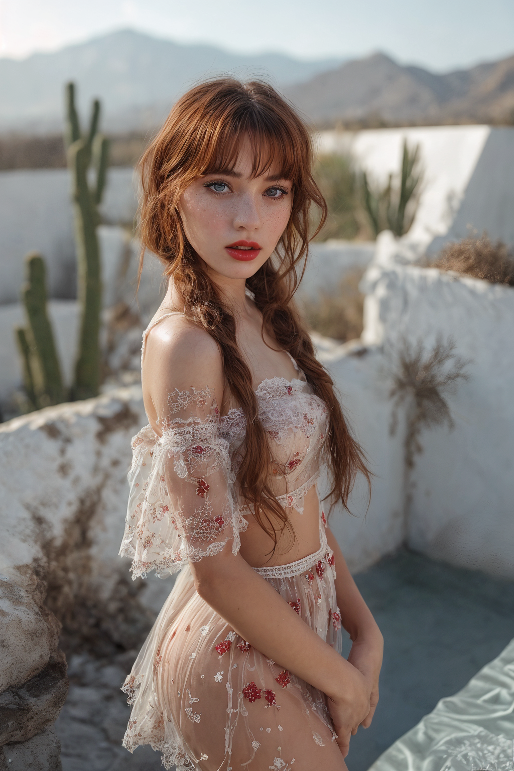 Mexican Revolution. Super beautiful cute young woman with big eyes, tender look, soft skin, very white skin, transparent clothes, sexy expression, smiling, big mouth, small nose, white theet, red lips, rubbor, gracely makeup, big eye lashes, perfect hands.