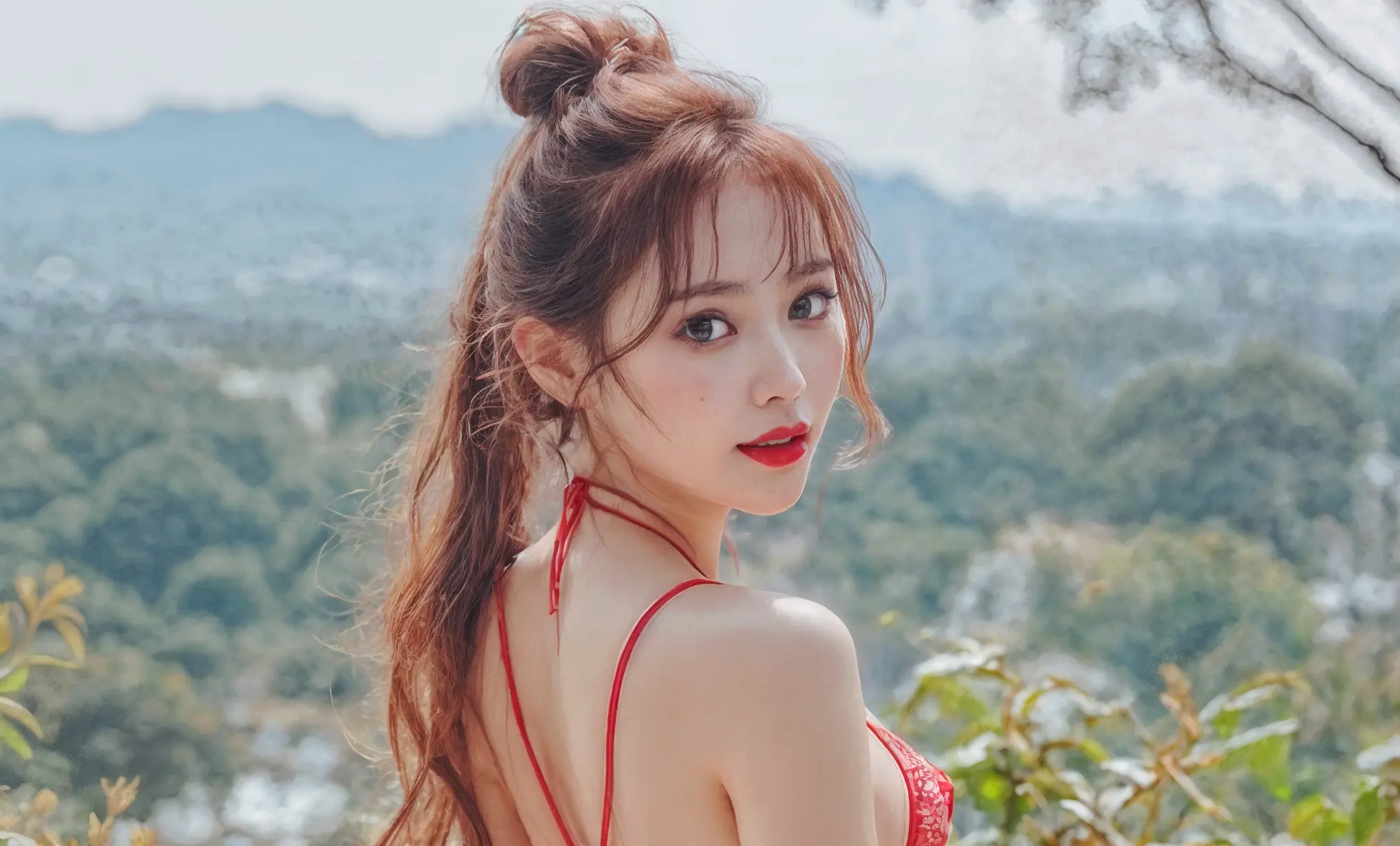 Asian girl, sexy, in microbikini, big eyes, makeup, deep-red big lips, confident smiling.