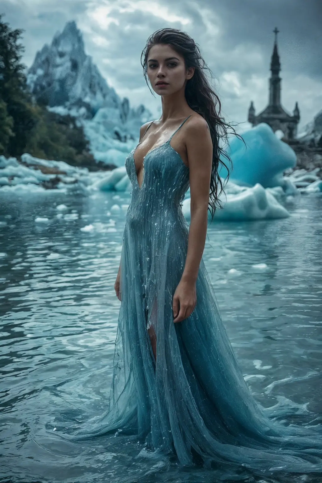 when will the world end-
A hauntingly beautiful and surreal image of a model standing in crystal-clear but dangerously high floodwaters, possibly knee-deep, in what was once a vibrant city park. She wears an elegant, flowing gown made of a material that resembles melting ice or shimmering water, revealing her alluring form. Her hair is artfully slicked back, her gaze powerful and commanding. In the background, partially submerged futuristic cityscapes or ancient monuments are visible, while massive icebergs dramatically break apart and melt under a stormy, grey sky, filled with ominous clouds. Blue and grey tones dominate, with hints of green from struggling plant life. Stark, evocative lighting, photorealistic