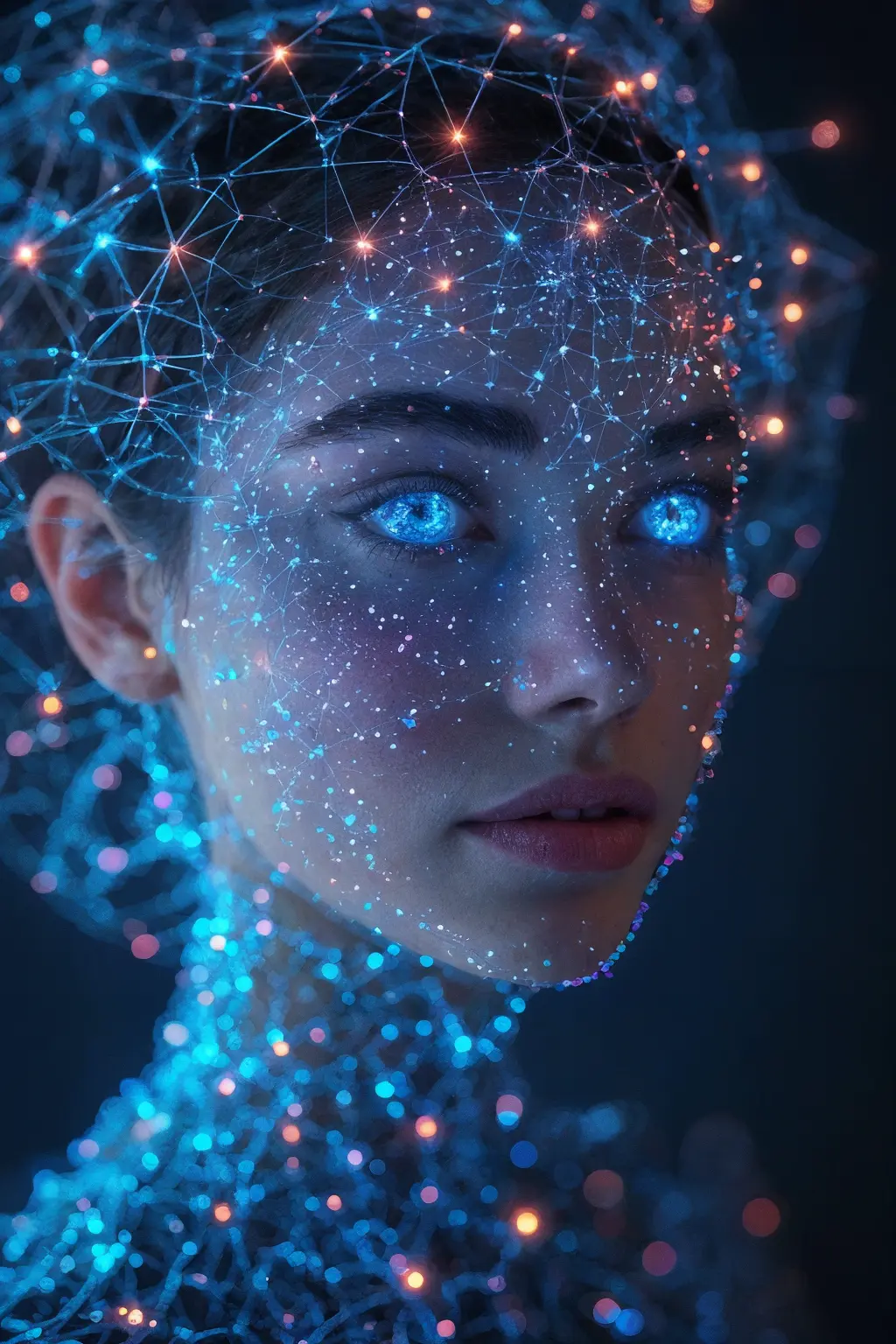 When will the world end.
A captivating, futuristic portrait of a model embodying a 'data goddess' or 'AI muse.' She's adorned with intricate, glowing circuit patterns on her skin, perhaps a sleek, metallic bodysuit, and a captivating, almost ethereal, neural network-inspired headpiece. Her eyes glow with digital light, her expression intelligent and subtly powerful, yet ambiguous. Behind her, a complex, interconnected web of light and data streams fills a dark, abstract space, subtly overlaying images of humanity's past achievements, now overshadowed by overwhelming, potentially malevolent, artificial intelligence constructs or abstract digital entities. Neon accents, deep blues and purples, clean lines, high-tech aesthetic.